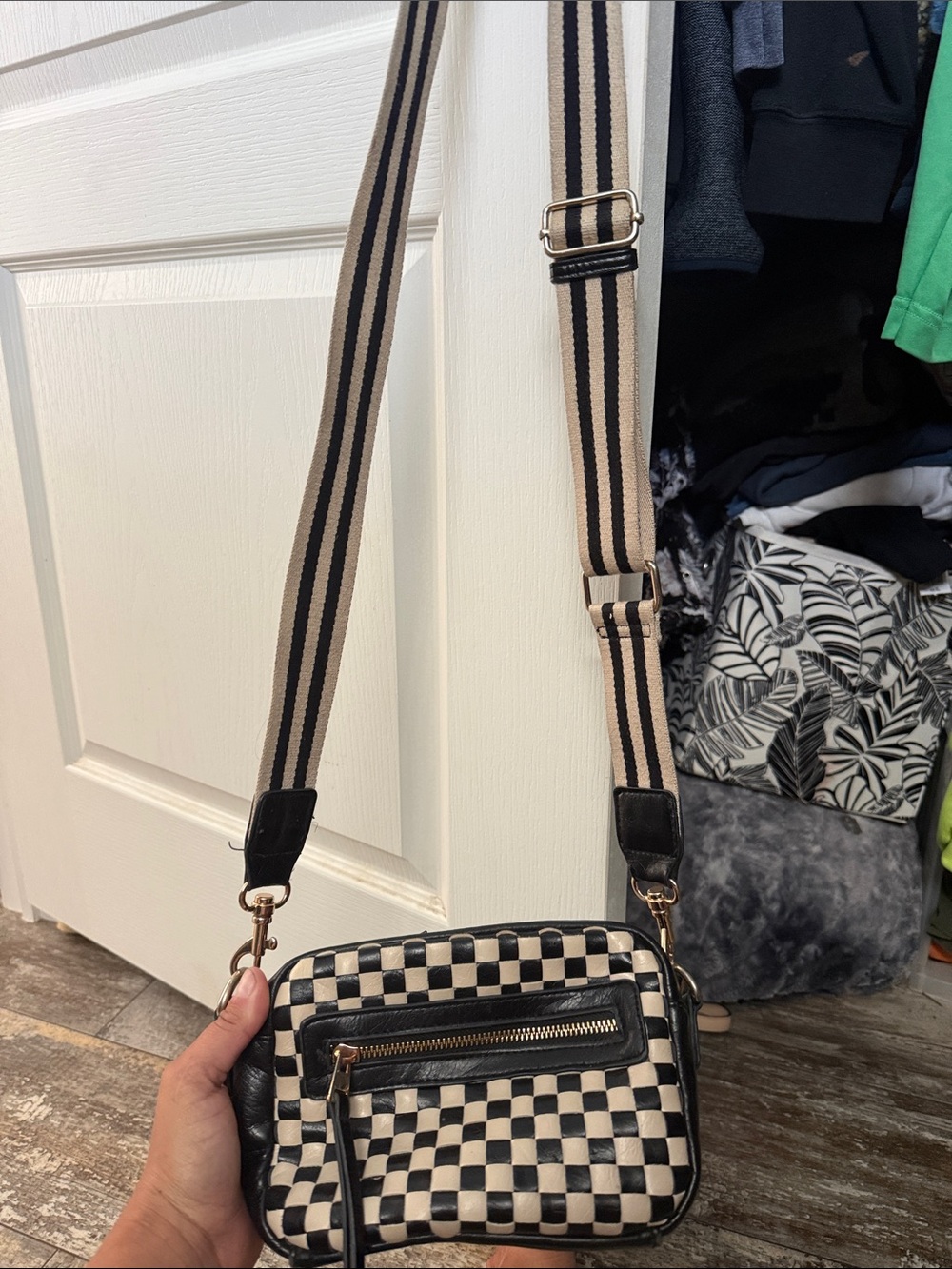 a new day Black and Cream Checkerboard Crossbody Bag with Striped Strap